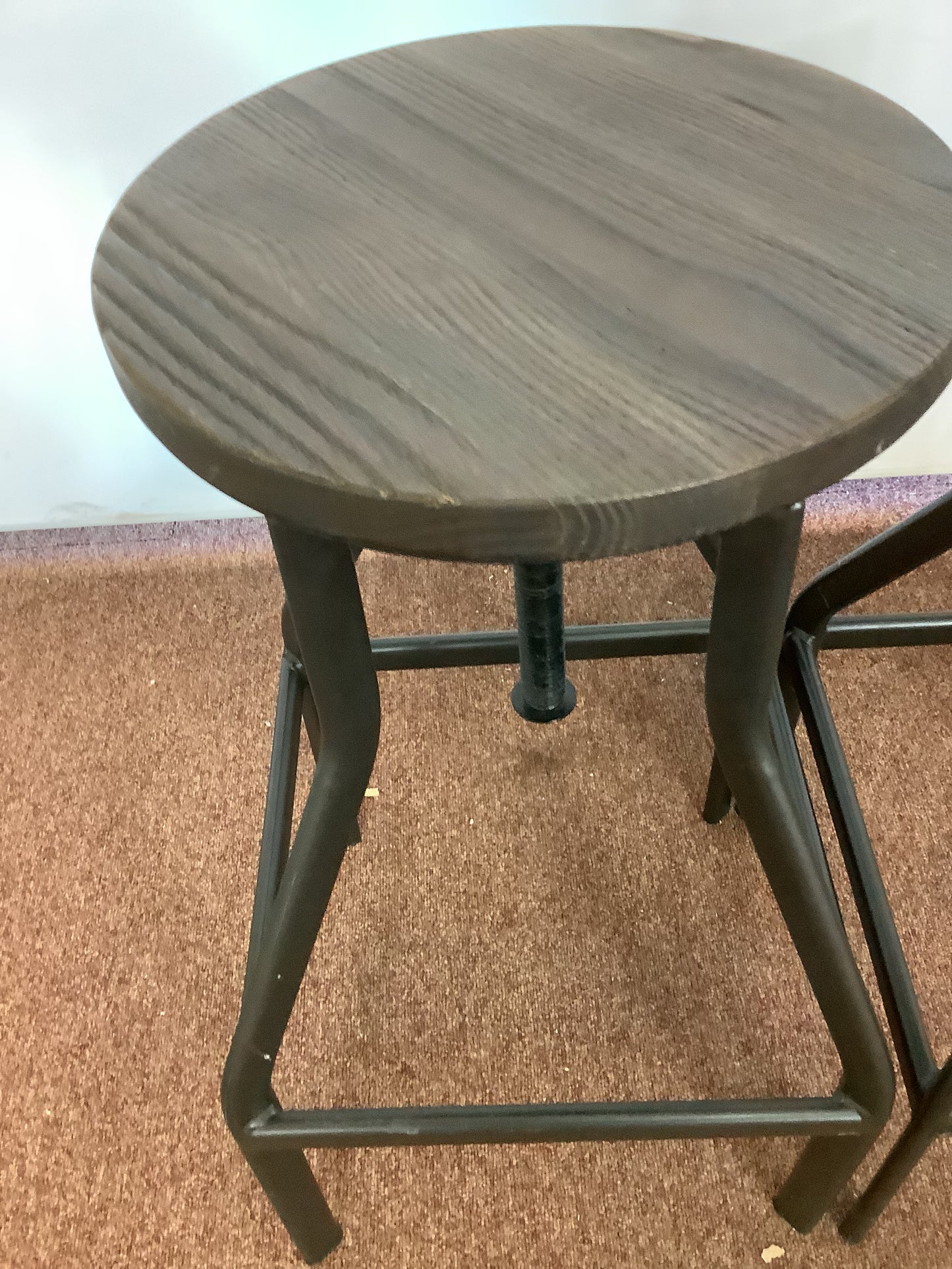 3 x Industrial Adjustable Dark Wood / Metal Stools F27458