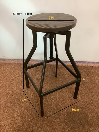 3 x Industrial Adjustable Dark Wood / Metal Stools F27458