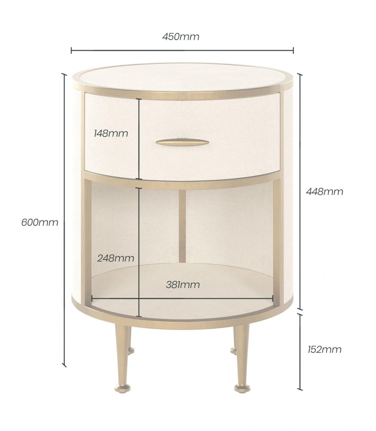 Round Ivory/Cream Faux Shagreen Bedside Cabinet F27293.