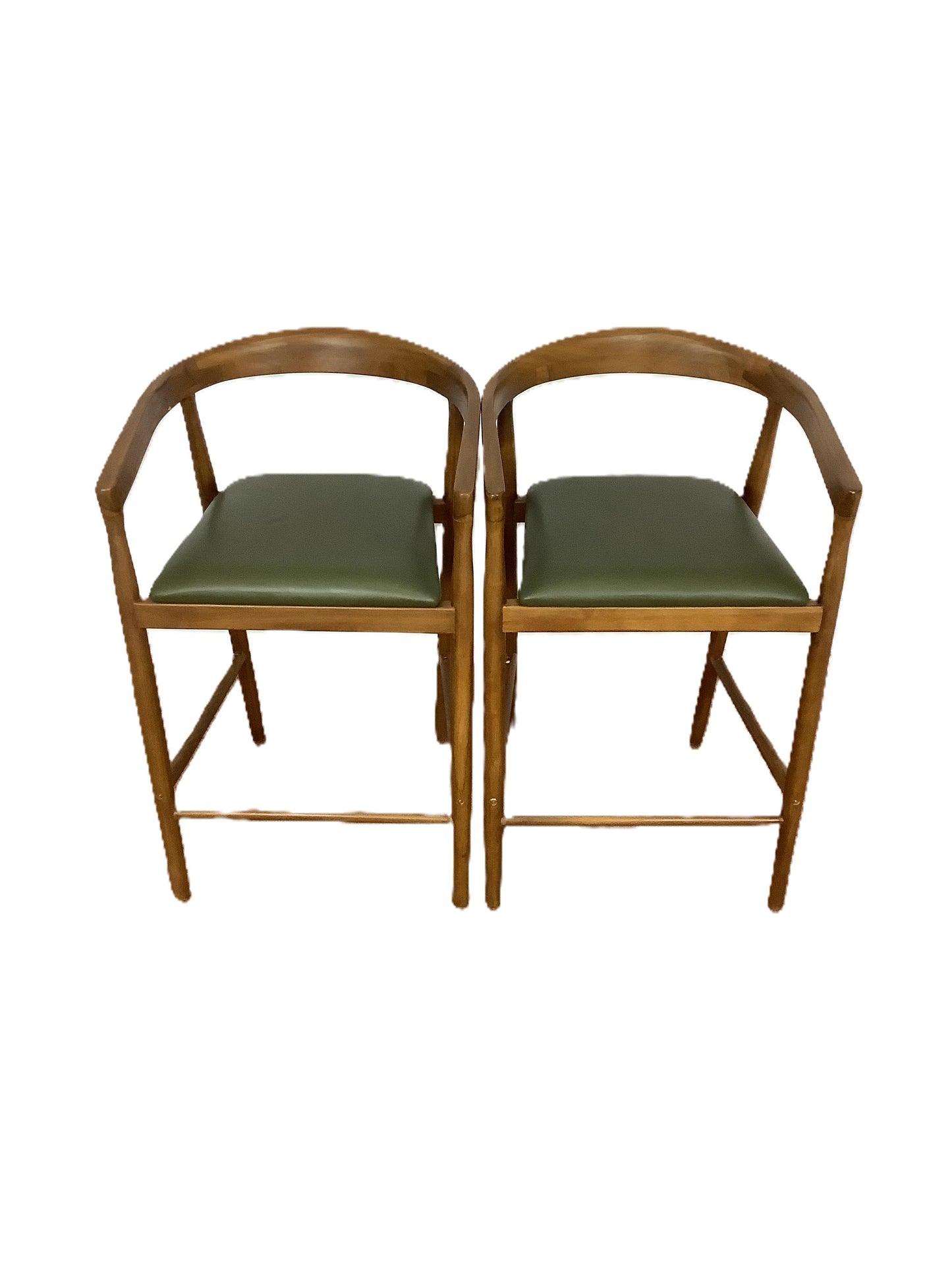 {PAIR} SKLUM Visby Dark Teak Wood & Military Green Leather High Stool F27446