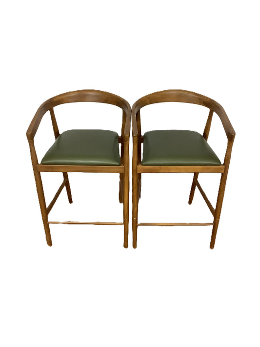 {PAIR} SKLUM Visby Dark Teak Wood & Military Green Leather High Stool F27446